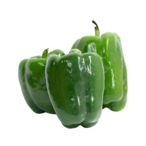 Three bright green bell peppers with glossy smooth skin and blocky three-lobed shape on a white background.