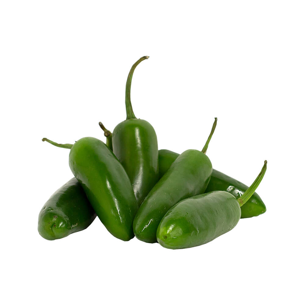 A small pile of bright green jalapeño peppers with smooth glossy skin and slim conical shape on a white background.