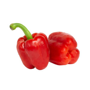 Two bright red bell peppers with glossy smooth skin and blocky four-lobed shape on a white background.