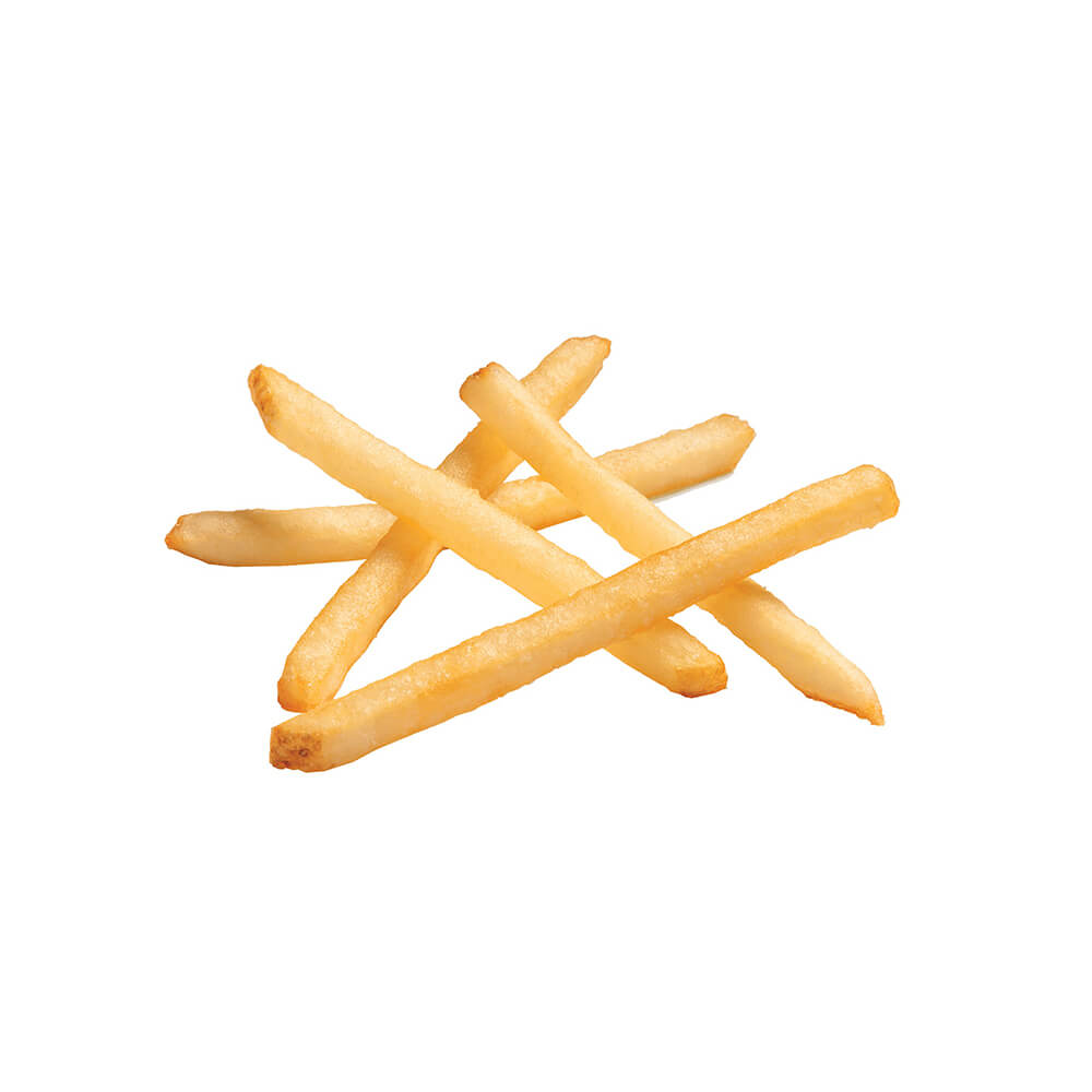 A pile of golden thin Shoestring French Fries with delicate matchstick shape and crispy texture on a white background.