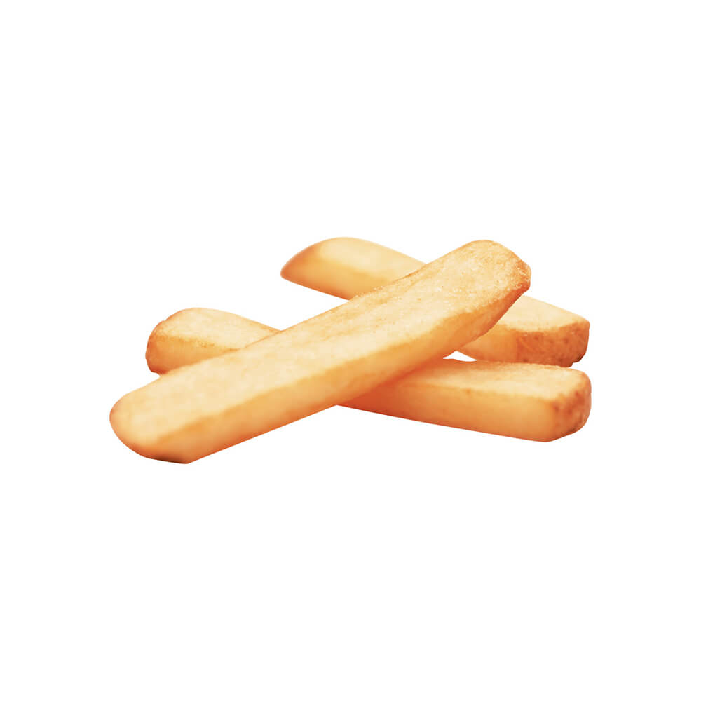 A pile of golden thick Steak Cut French Fries with wedge shape and crispy textured surface on a white background.