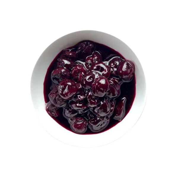 dark red Frozen Cherries in glossy red syrup with smooth pitted fruit on a white background.