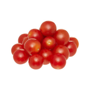 A pile of bright red Glory cherry tomatoes with small round shape and glossy skin on a white background.
