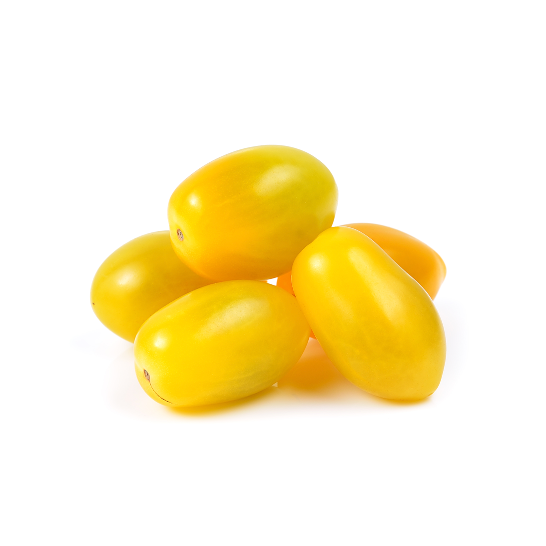 A pile of bright yellow grape tomatoes with small oval shape and glossy skin on a white background.