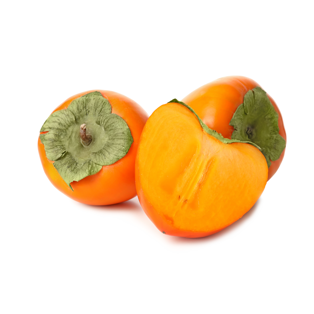 A bright orange Hachiya Persimmons with acorn shape and glossy smooth skin on a white background.