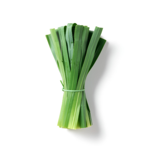 A neatly tied bundle of fresh Tarreh (Persian Leeks) featuring vibrant green, flat, blade-like leaves arranged vertically against a crisp white background.
