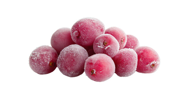 A pile of bright red Frozen Whole Cranberries with round shape and frosted IQF surface on a white background.
