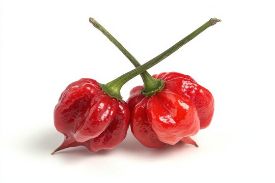 two bright red Scorpion chiles with bulbous wrinkled skin and a pointed stinger-like tail tip on a white background.