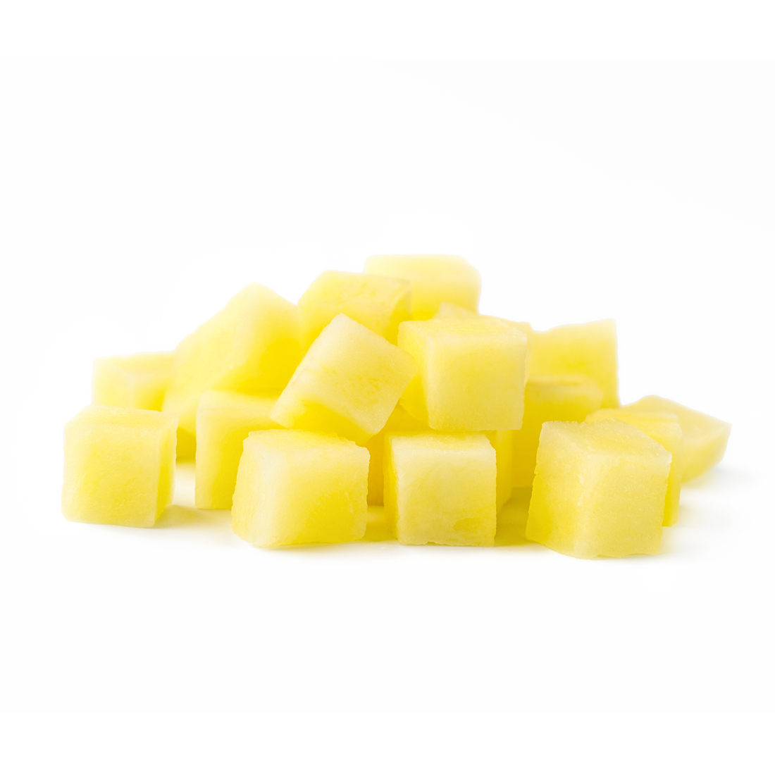 A pile of golden yellow Frozen Diced Pineapple with small cube shape and frosted IQF surface on a white background.