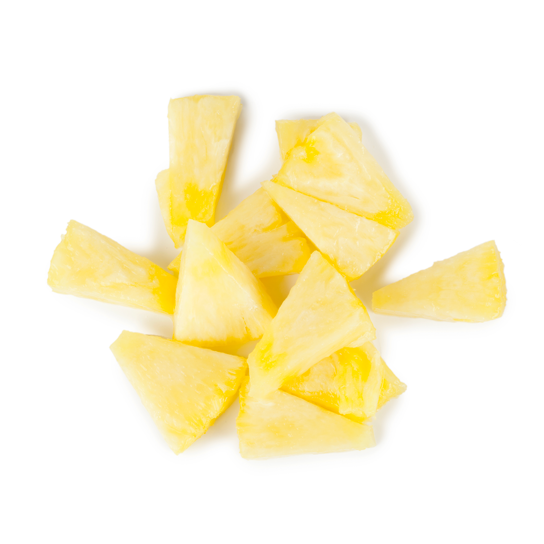 A pile of golden yellow Frozen Pineapple Chunks with large irregular pieces and frosted IQF surface on a white background.