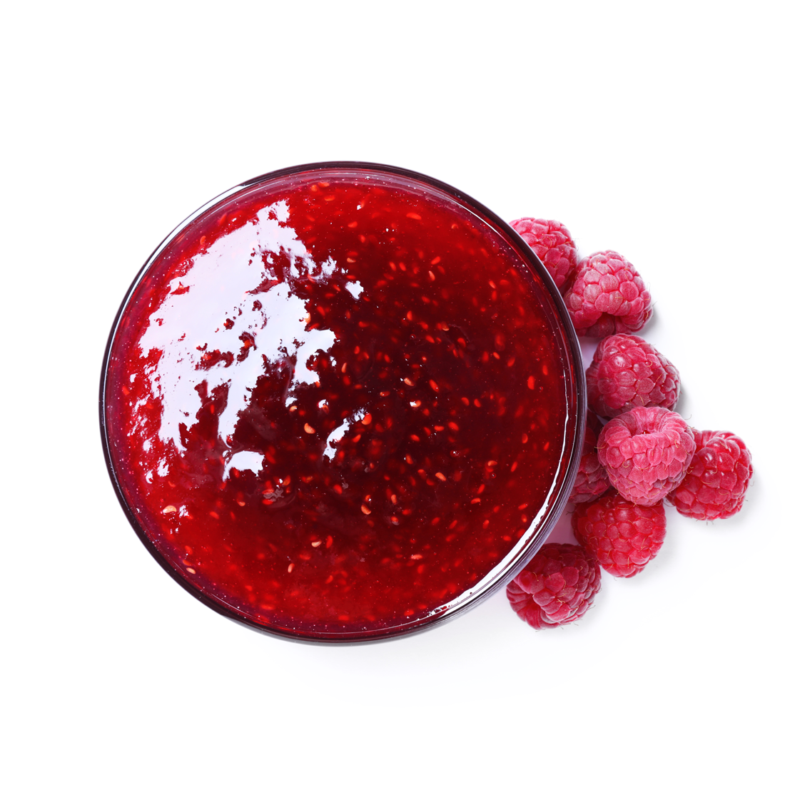 A pile of dark red Frozen Raspberry Topping with glossy syrup and broken berry pieces on a white background.