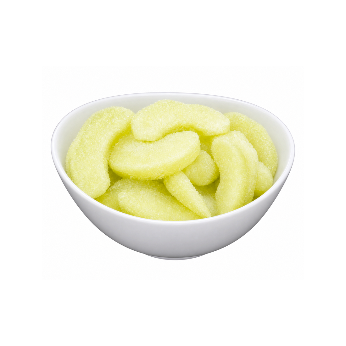 A pile of pale green Frozen Sliced Granny Smith Apple wedges with thin crescent shape and frosted IQF surface on a white background.