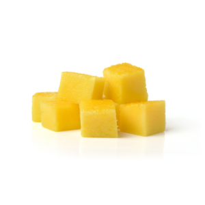 A pile of bright orange Frozen Mango Pieces with large irregular chunks and frosted IQF surface on a white background.