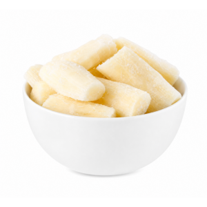 A pile of off-white Frozen Peeled Yuca with thick log-shaped pieces and frosted IQF surface on a white background.
