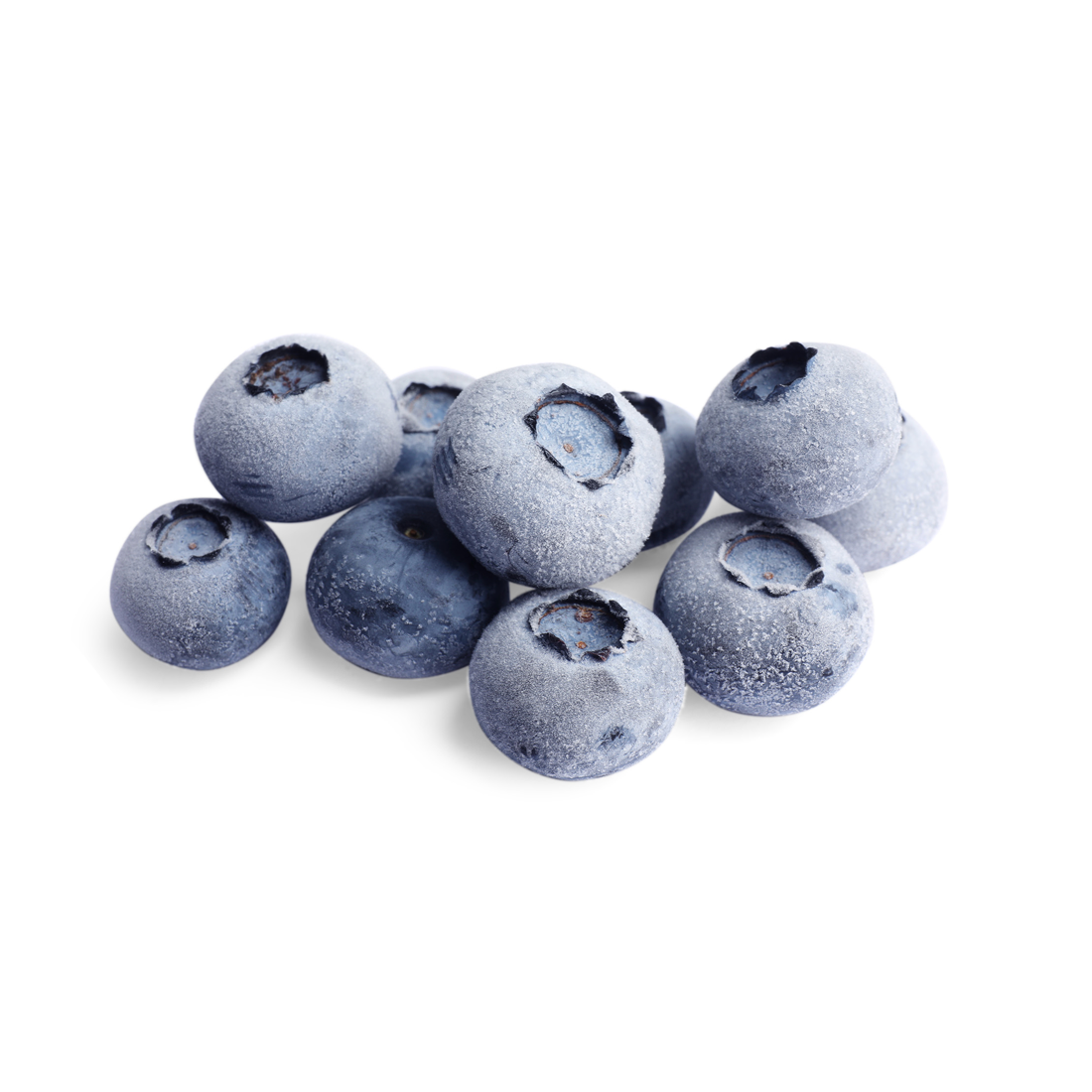 A pile of dark blue Frozen Blueberries with round shape and frosted IQF surface on a white background.