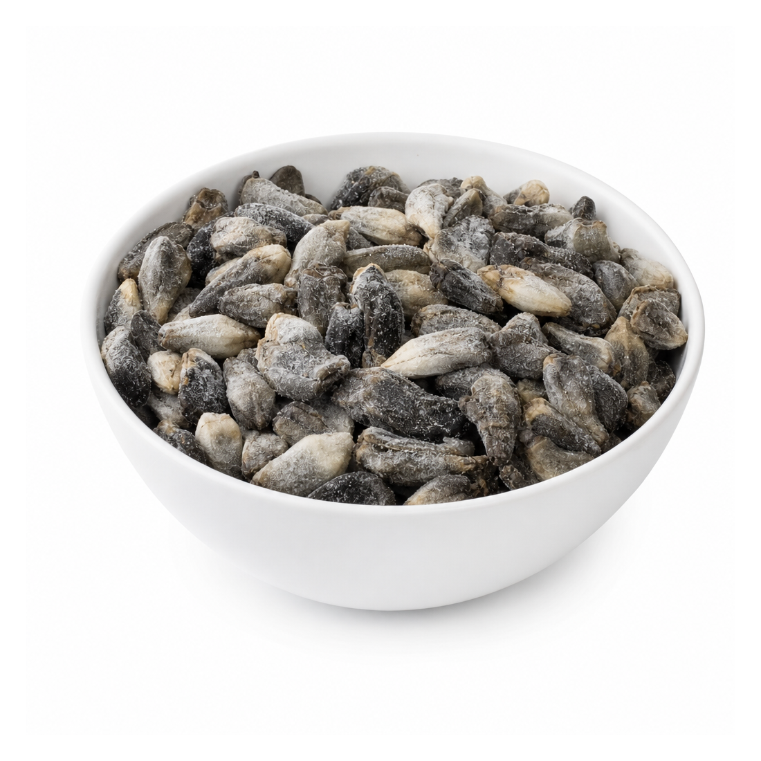 A pile of dark grey Frozen Huitlacoche corn fungus with irregular kernel-cluster shape and frosted IQF surface on a white background.