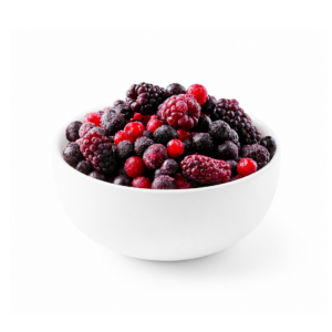 A pile of colorful Frozen Mixed Berry Blend with strawberry, blueberry, raspberry and blackberry pieces on a white background.