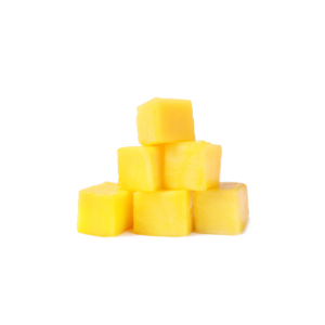 A pile of bright orange Frozen Diced Mango with small cube shape and frosted IQF surface on a white background.