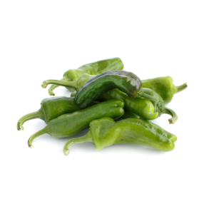 A small pile of bright green Padrón peppers with shiny waxy skin, slim conical shape, and dimpled tips on a white background.