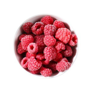 A pile of bright red Frozen Raspberries with whole berry shape and frosted IQF surface on a white background.