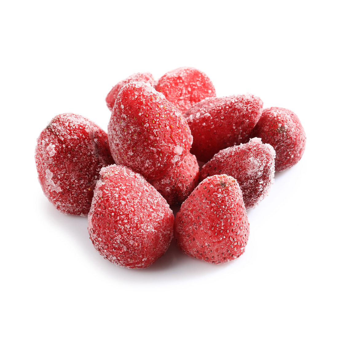A pile of bright red Frozen Whole Strawberries with intact berry shape and frosted IQF surface on a white background.