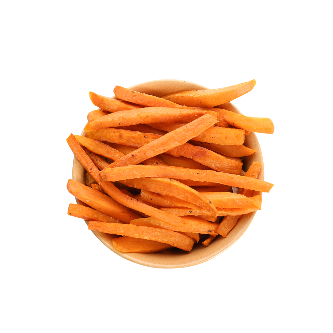 A pile of golden orange Sweet Potato Fries with crispy textured surface and matchstick shape on a white background.