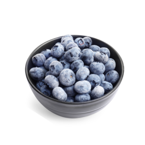 A pile of dark blue Frozen Wild Blueberries with small round shape and frosted IQF surface on a white background.
