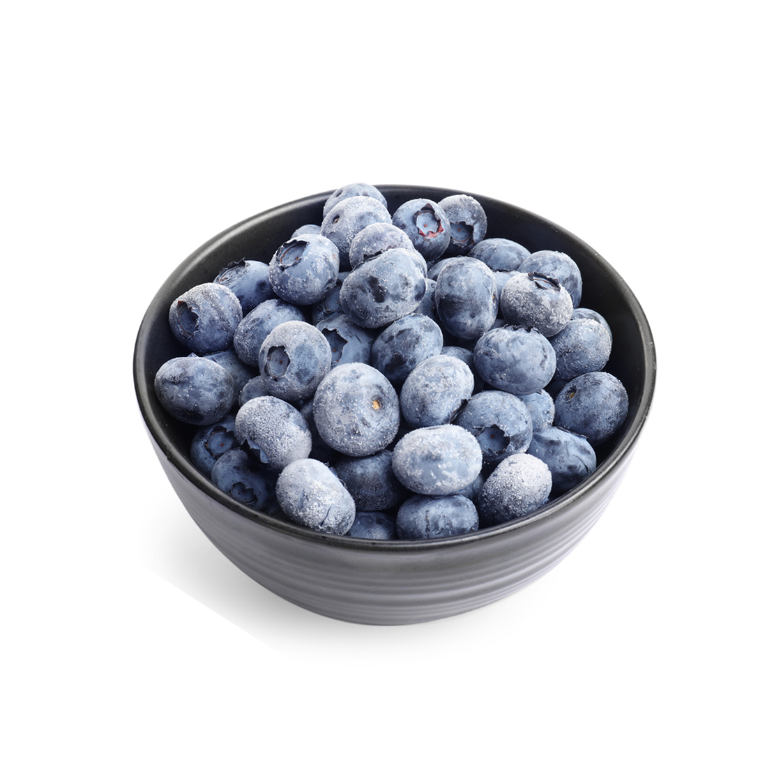 A pile of dark blue Frozen Wild Blueberries with small round shape and frosted IQF surface on a white background.